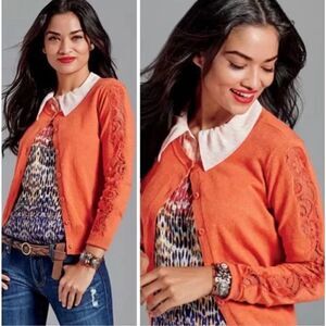 Cabi Orange Lace Cut Out Sleeve Button Up Cardigan Sweater Small #3123